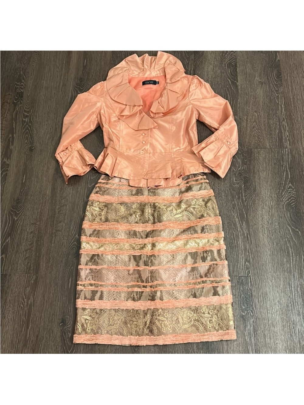 Rickie Freeman for Teri Jon 2 piece Peach Blouse and Skirt with Gold Accents